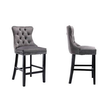 Trikiousd Velvet Bar Stools Button Tufted Upholstered Bar Chairs Set of 2, Solid Wood Legs