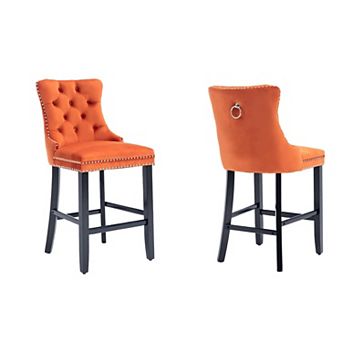 Trikiousd Velvet Bar Stools Button Tufted Upholstered Bar Chairs Set of 2, Solid Wood Legs