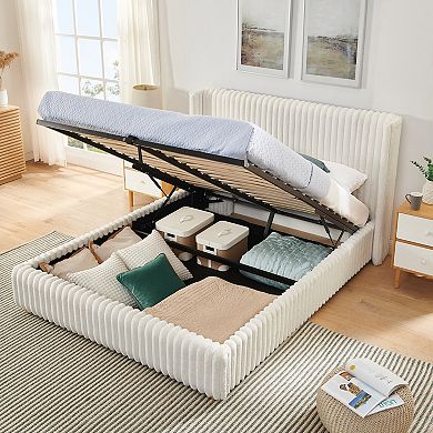 Trikiousd Lift Up Storage Rabbit Fur Fabric Platform Bed Upholstered Hydraulic Wingback Storage Bed