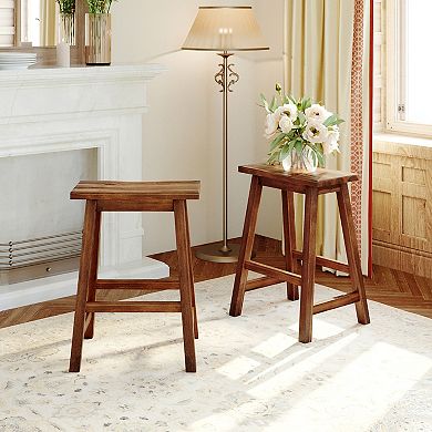 Trikiousd Solid Wood Saddle-Seat Kitchen Counter Barstool Dining Stools, Set of 2