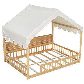 Trikiousd LED House Floor Bed Full Wooden Daybed with Storage Bookshelves Montessori Bed Frame