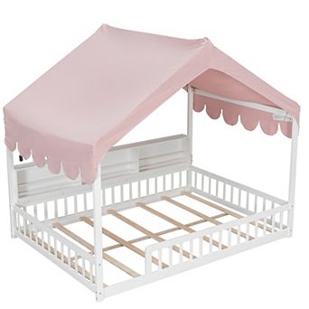 Trikiousd LED House Floor Bed Full Wooden Daybed with Storage Bookshelves Montessori Bed Frame