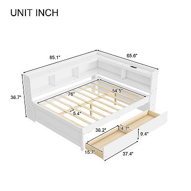 Trikiousd Full Size Corner Daybed Wood Platform Bed with L-Shaped Bookcases & Storage Drawers