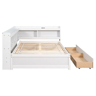 Trikiousd Full Size Corner Daybed Wood Platform Bed with L-Shaped Bookcases & Storage Drawers
