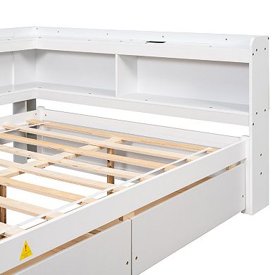 Trikiousd Full Size Corner Daybed Wood Platform Bed with L-Shaped Bookcases & Storage Drawers