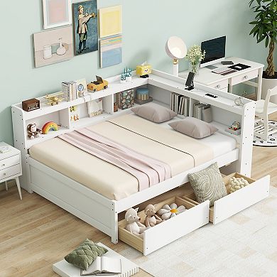 Trikiousd Full Size Corner Daybed Wood Platform Bed with L-Shaped Bookcases & Storage Drawers