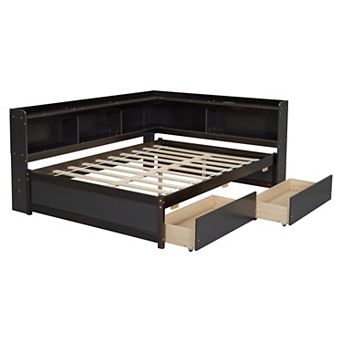 Trikiousd Full Size Corner Daybed Wood Platform Bed with L-Shaped Bookcases & Storage Drawers