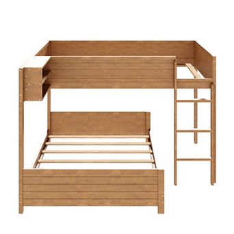 Trikiousd L-Shaped Full XL Over Full XL Wooden Bunk Bed with Built-in Storage Shelf for Kids/Adults