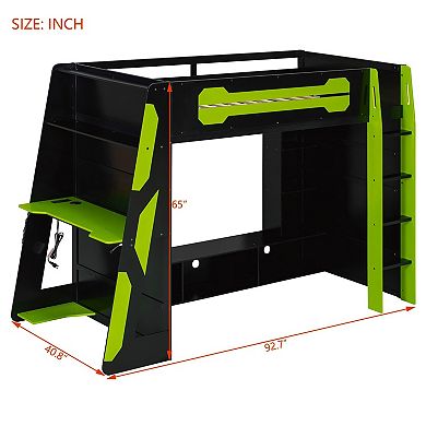 Trikiousd Gaming Loft Bed Wooden Space-Saving Bed Frmae w/ Desk, Light & Multi-Storage Shelves
