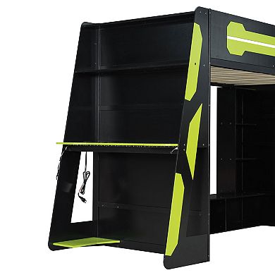 Trikiousd Gaming Loft Bed Wooden Space-Saving Bed Frmae w/ Desk, Light & Multi-Storage Shelves
