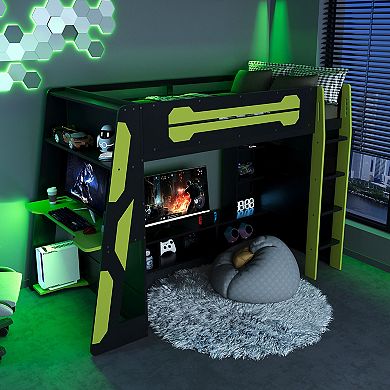 Trikiousd Gaming Loft Bed Wooden Space-Saving Bed Frmae w/ Desk, Light & Multi-Storage Shelves