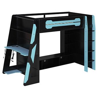 Trikiousd Gaming Loft Bed Wooden Space-Saving Bed Frmae w/ Desk, Light & Multi-Storage Shelves