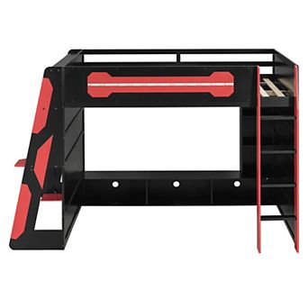 Trikiousd Gaming Loft Bed Wooden Space-Saving Bed Frmae w/ Desk, Light & Multi-Storage Shelves