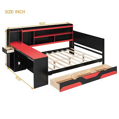 Trikiousd Modern LED Gaming Daybed Wooden Bed Frame with Desk, 3 Drawers & Charging Station