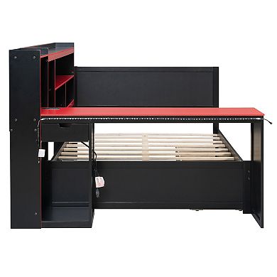 Trikiousd Modern LED Gaming Daybed Wooden Bed Frame with Desk, 3 Drawers & Charging Station
