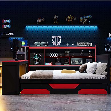 Trikiousd Modern LED Gaming Daybed Wooden Bed Frame with Desk, 3 Drawers & Charging Station