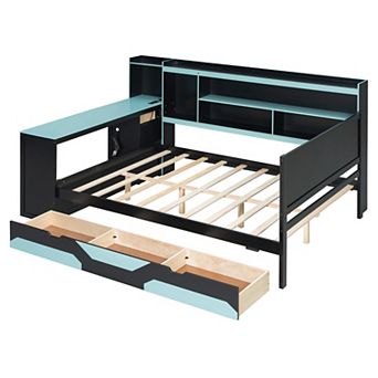 Trikiousd Modern LED Gaming Daybed Wooden Bed Frame with Desk, 3 Drawers & Charging Station