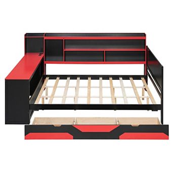 Trikiousd Modern LED Gaming Daybed Wooden Bed Frame with Desk, 3 Drawers & Charging Station