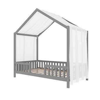 Trikiousd Montessori House Bed Wood Floor Bed Canopy Bed Frame with High Railings