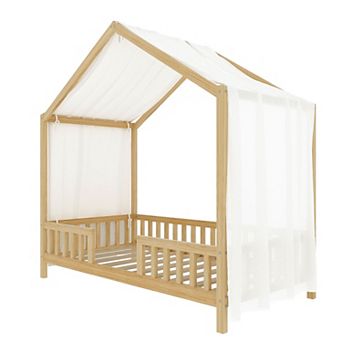 Trikiousd Montessori House Bed Wood Floor Bed Canopy Bed Frame with High Railings