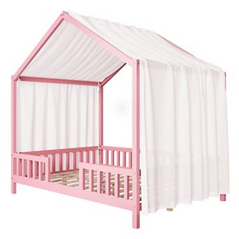 Trikiousd Montessori House Bed Wood Floor Bed Canopy Bed Frame with High Railings