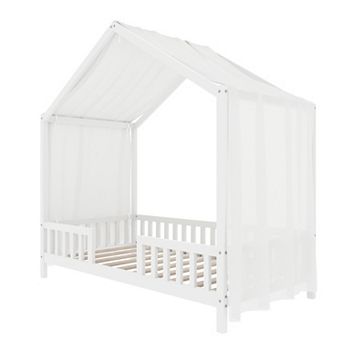 Trikiousd Montessori House Bed Wood Floor Bed Canopy Bed Frame with High Railings