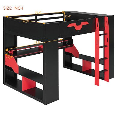 Trikiousd Full Size Wood Gaming Loft Bed with Power Outlet, USB/Type-C Ports & RGB Light
