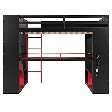 Trikiousd Full Size Wood Gaming Loft Bed with Power Outlet, USB/Type-C Ports & RGB Light