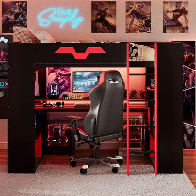 Trikiousd Full Size Wood Gaming Loft Bed with Power Outlet, USB/Type-C Ports & RGB Light