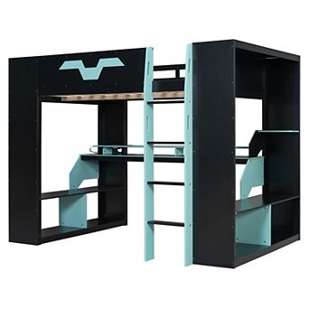 Trikiousd Full Size Wood Gaming Loft Bed with Power Outlet, USB/Type-C Ports & RGB Light