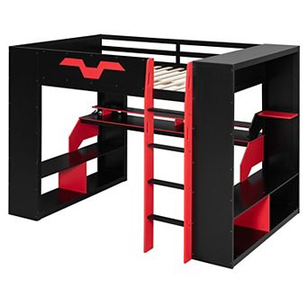 Trikiousd Full Size Wood Gaming Loft Bed with Power Outlet, USB/Type-C Ports & RGB Light