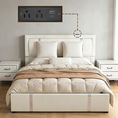 Trikiousd Lift Up Storage Bed Frame Upholstered Grounding Platform Bed w/ USB-C Charging Ports