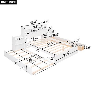 Trikiousd Full Size Wood Platform Bed with Pullable Headboard Shelves, Trundle & 2 Drawers