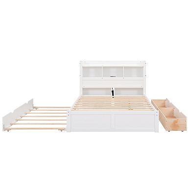 Trikiousd Full Size Wood Platform Bed with Pullable Headboard Shelves, Trundle & 2 Drawers