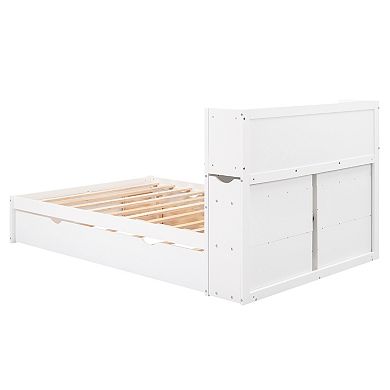 Trikiousd Full Size Wood Platform Bed with Pullable Headboard Shelves, Trundle & 2 Drawers