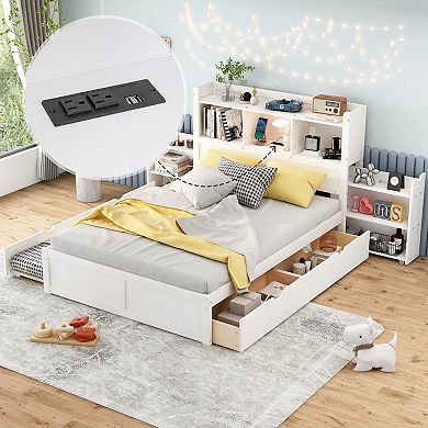 Trikiousd Full Size Wood Platform Bed with Pullable Headboard Shelves, Trundle & 2 Drawers
