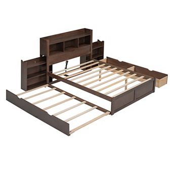 Trikiousd Full Size Wood Platform Bed with Pullable Headboard Shelves, Trundle & 2 Drawers
