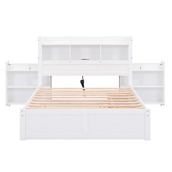 Trikiousd Full Size Wood Platform Bed with Pullable Headboard Shelves, Trundle & 2 Drawers