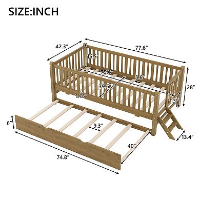 Trikiousd Kids Montessori Bed Twin Size Wood Platform Bed with Trundle & Guardrail
