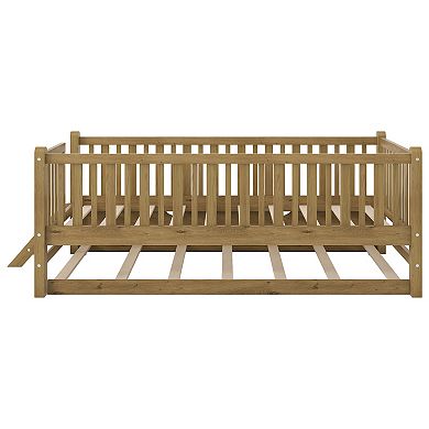 Trikiousd Kids Montessori Bed Twin Size Wood Platform Bed with Trundle & Guardrail