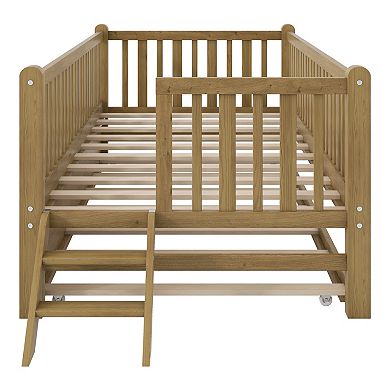 Trikiousd Kids Montessori Bed Twin Size Wood Platform Bed with Trundle & Guardrail