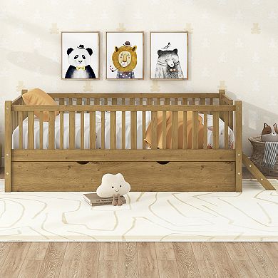 Trikiousd Kids Montessori Bed Twin Size Wood Platform Bed with Trundle & Guardrail