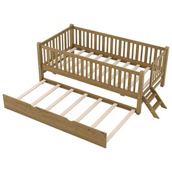 Trikiousd Kids Montessori Bed Twin Size Wood Platform Bed with Trundle & Guardrail