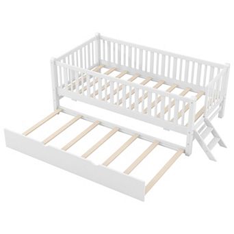 Trikiousd Kids Montessori Bed Twin Size Wood Platform Bed with Trundle & Guardrail