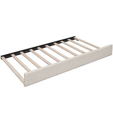 Trikiousd Linen Fabric Upholstered Daybed Wooden Sofa Bed L-Shaped Bedframe with Trundle & USB
