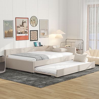 Trikiousd Linen Fabric Upholstered Daybed Wooden Sofa Bed L-Shaped Bedframe with Trundle & USB