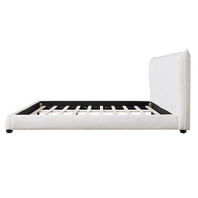Trikiousd King Size Upholstered Platform Bed Wood Bed Frame w/ Linen Fabric Pillow-Back Headboard