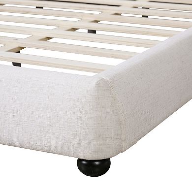 Trikiousd King Size Upholstered Platform Bed Wood Bed Frame w/ Linen Fabric Pillow-Back Headboard
