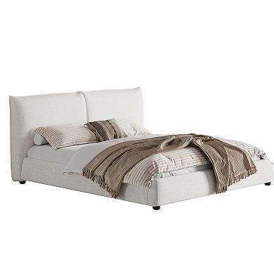 Trikiousd King Size Upholstered Platform Bed Wood Bed Frame w/ Linen Fabric Pillow-Back Headboard
