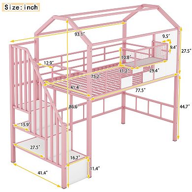 Trikiousd House Loft Bed Twin Metal Bed Frame with Roof Design & Storage Box for Kids, Teens